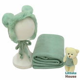 Baby Crochet Mohair Bonnet with Wrap and Teddy SR025 | Set of 3 | 3M | Turkish Blue
